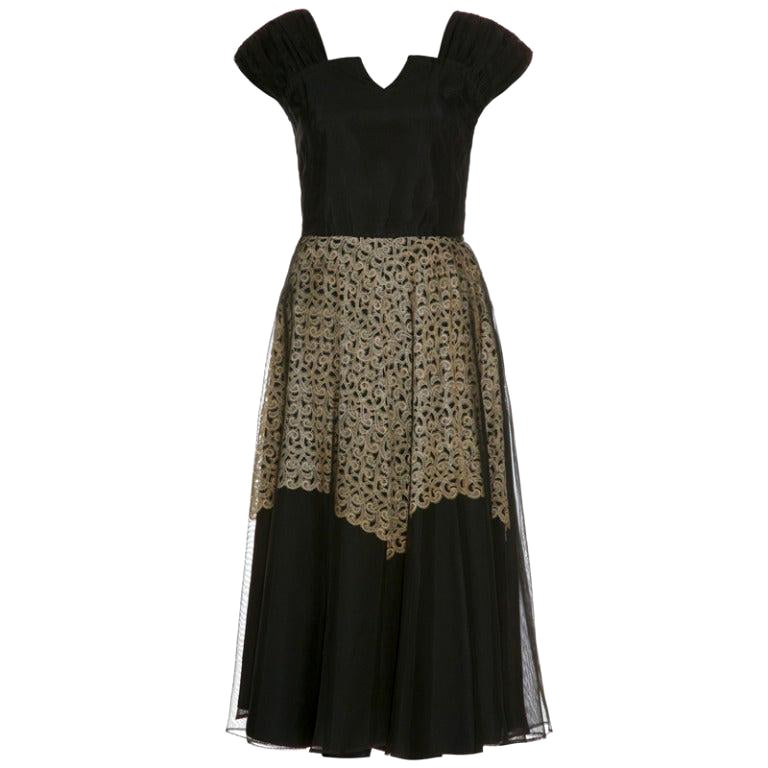1940’s Monica Black Dress With Cream Guipure Lace For Sale