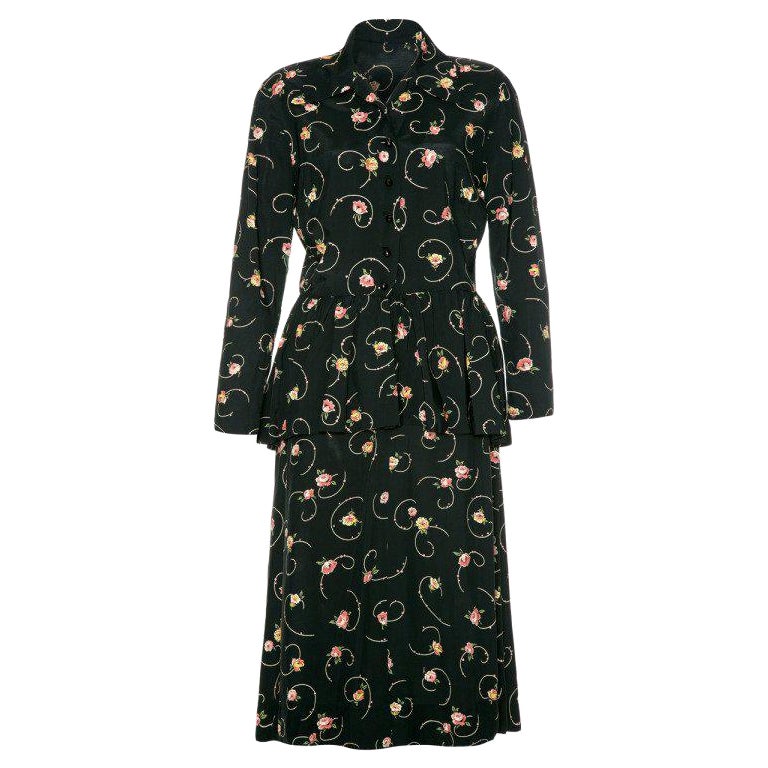 1940’s Black and Floral Peplum Shirt Rayon Tea Dress For Sale