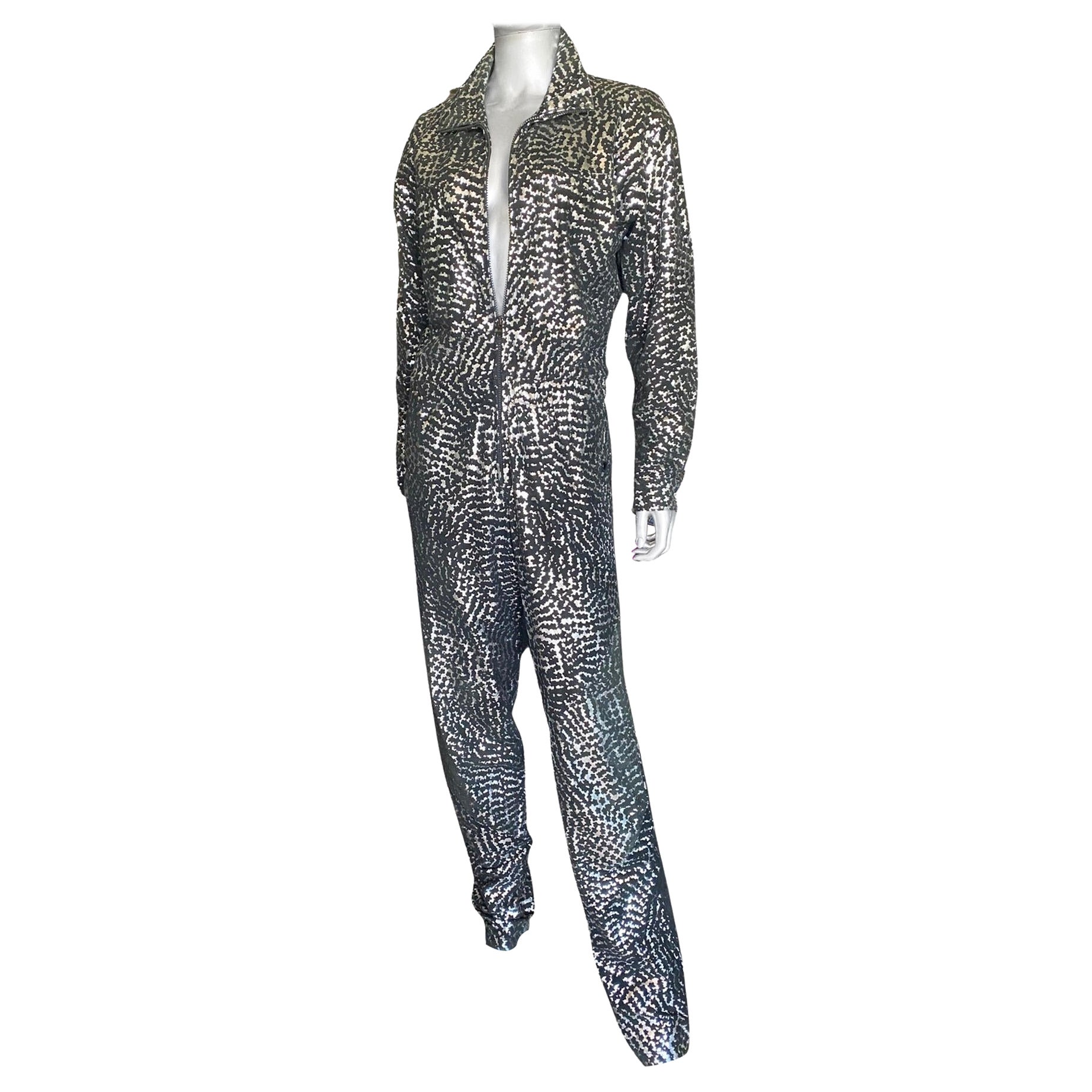 Vintage Italian Black Leather and Silver Metallic Glam Print Jumpsuit, Size 10 For Sale
