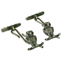 Antique Victorian Figural Sterling Silver Wise Owl Cufflinks