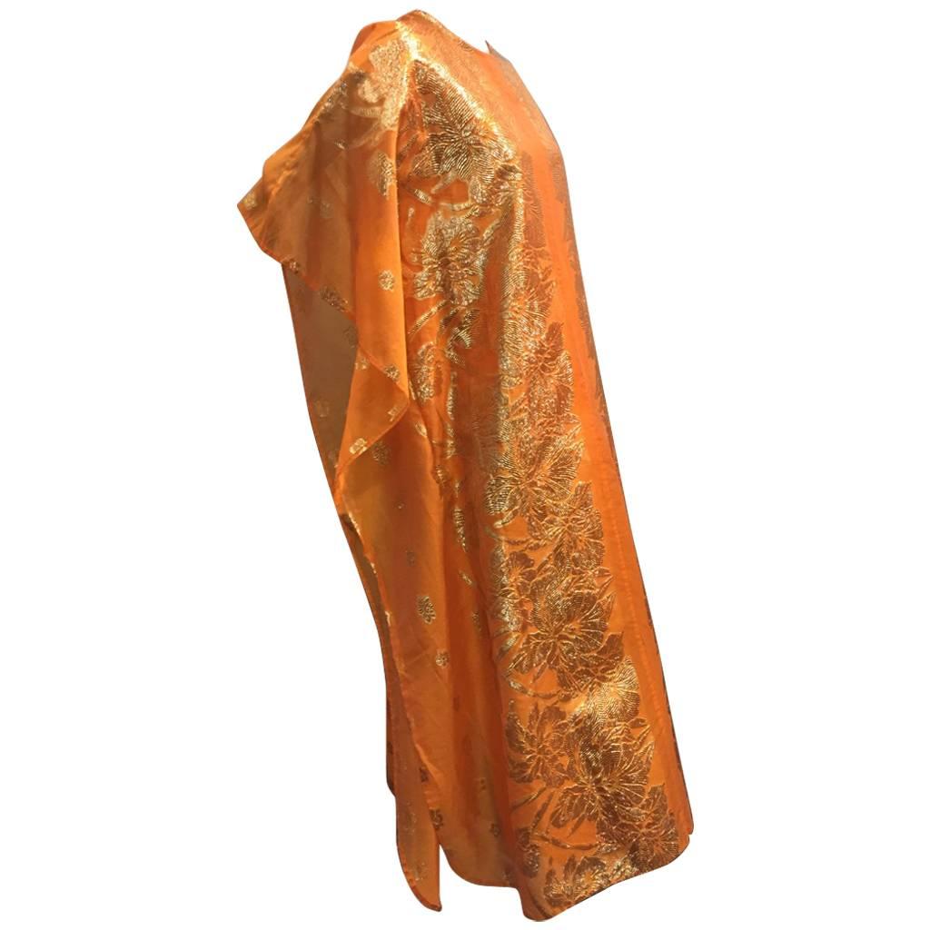 1960s Marigold Lamé Brocade Synthetic Silk Caftan w Lining