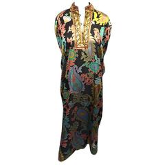 1960s Paisley Multicolor Satin Caftan w Brocade Ribbon Neckline and Cuffs