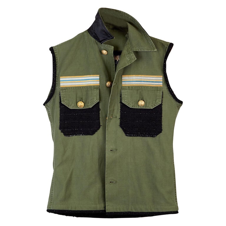 Military Green Sleeveless Jacket Gold Buttons Gold Braid One of a kind J Dauphin For Sale at 1stDibs