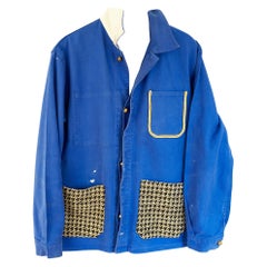 Cobalt Blue Blazer Jacket  French Work Wear Jacket Gold Tweed Medium J Dauphin