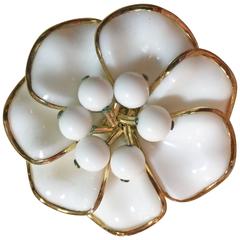 Retro 1950s TRIFARI Poured Milk Glass Bezel Set Circular Petalled Flower Pin Brooch