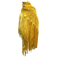 1970s Canary Yellow Macramé Silk and Rayon Ribbon Fringed Shawl