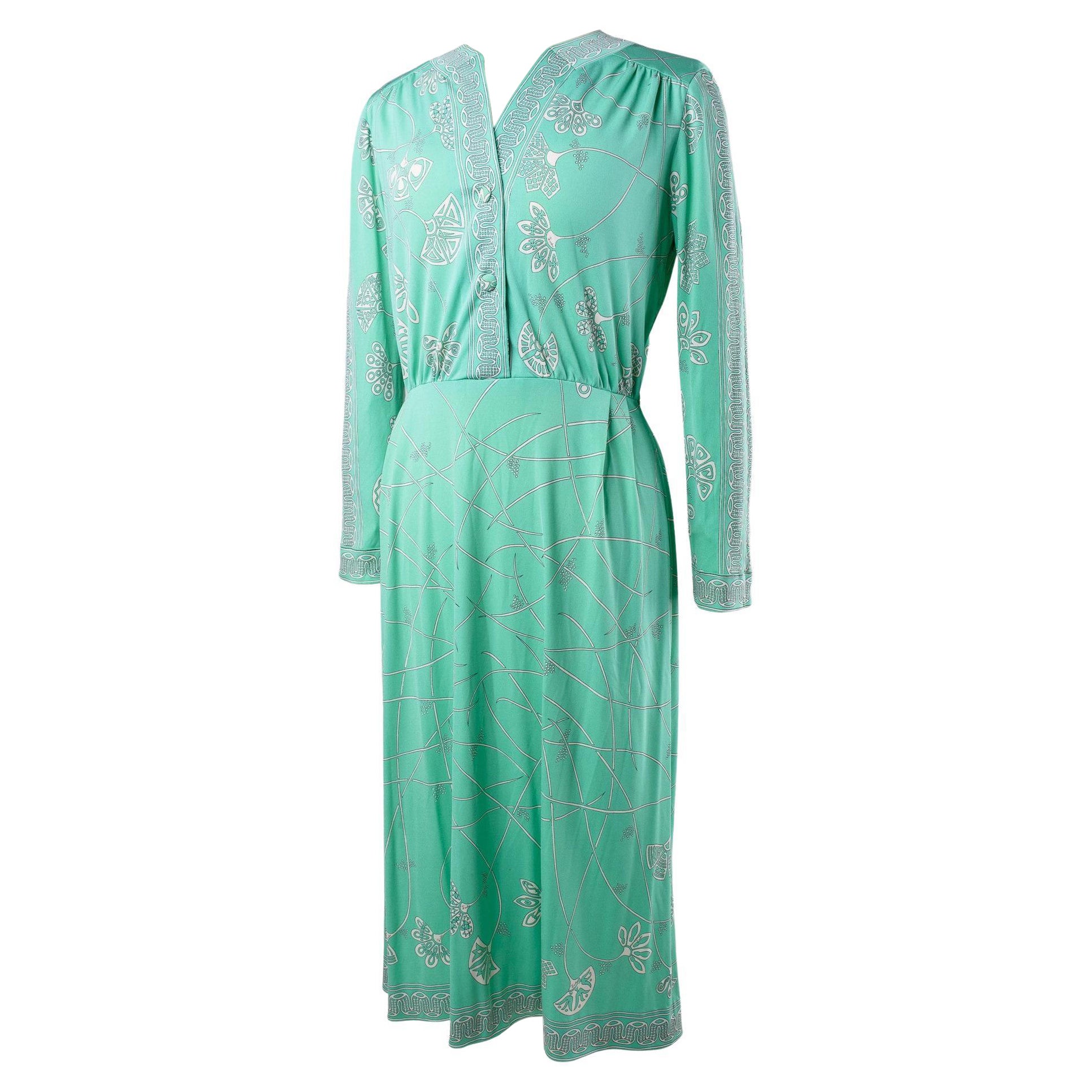 A light green printed silk jersey dress by Emilio Pucci - Italy Circa 1980 For Sale