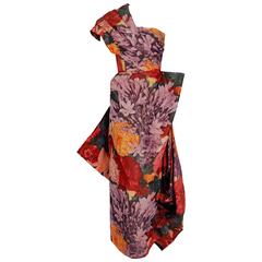 1950's Couture Watercolor Floral Print Silk One-Shoulder Draped Hourglass Gown