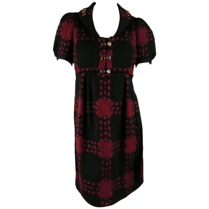 GUCCI Size 4 Black & Burgundy Plaid Wool Knit Short Puff Sleeve Dress