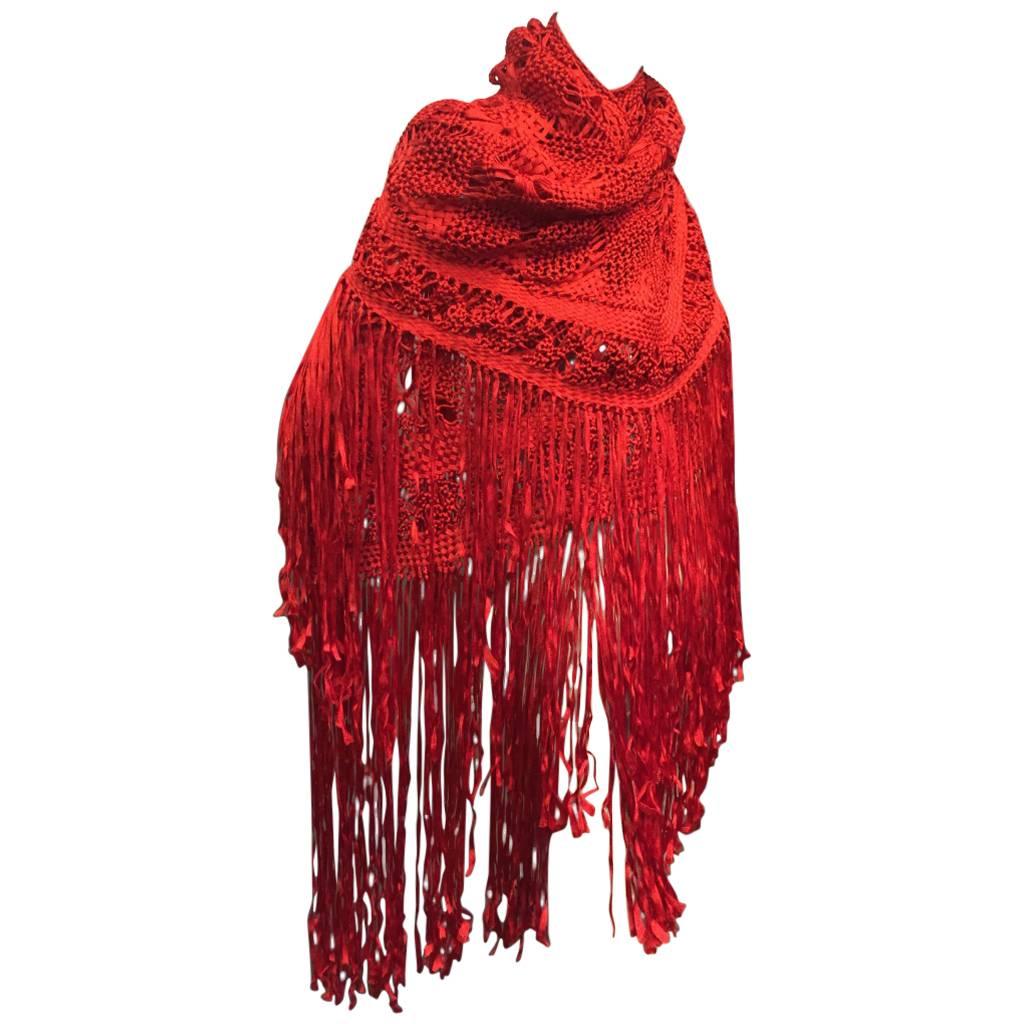 1970s Cherry Red Rayon Macramé Fringed Shawl