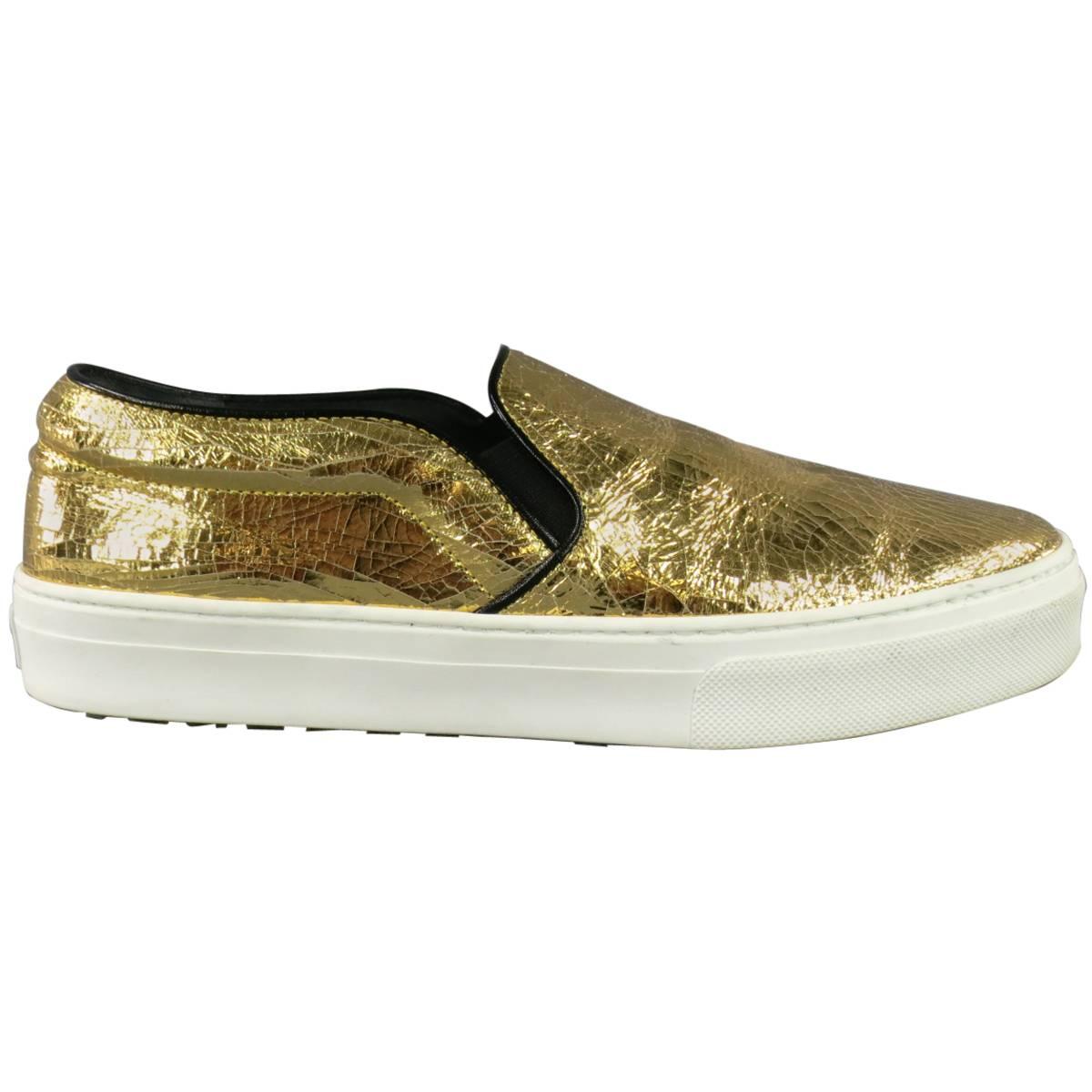 CELINE Size 10 Metallic Gold Crackle Leather Slip On Sneakers