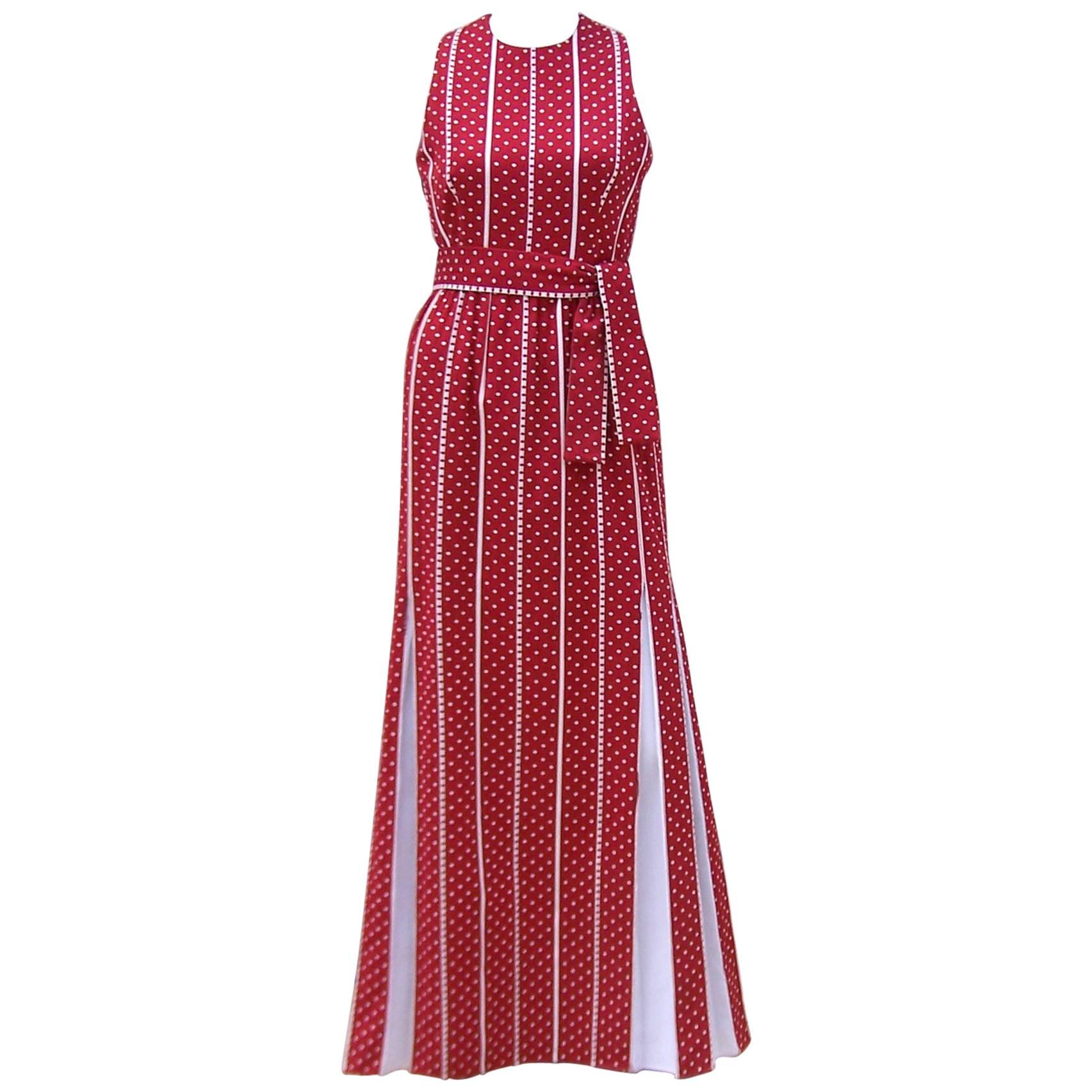 C.1970 Rodrigues Red & White Polka Dot Striped Maxi Dress