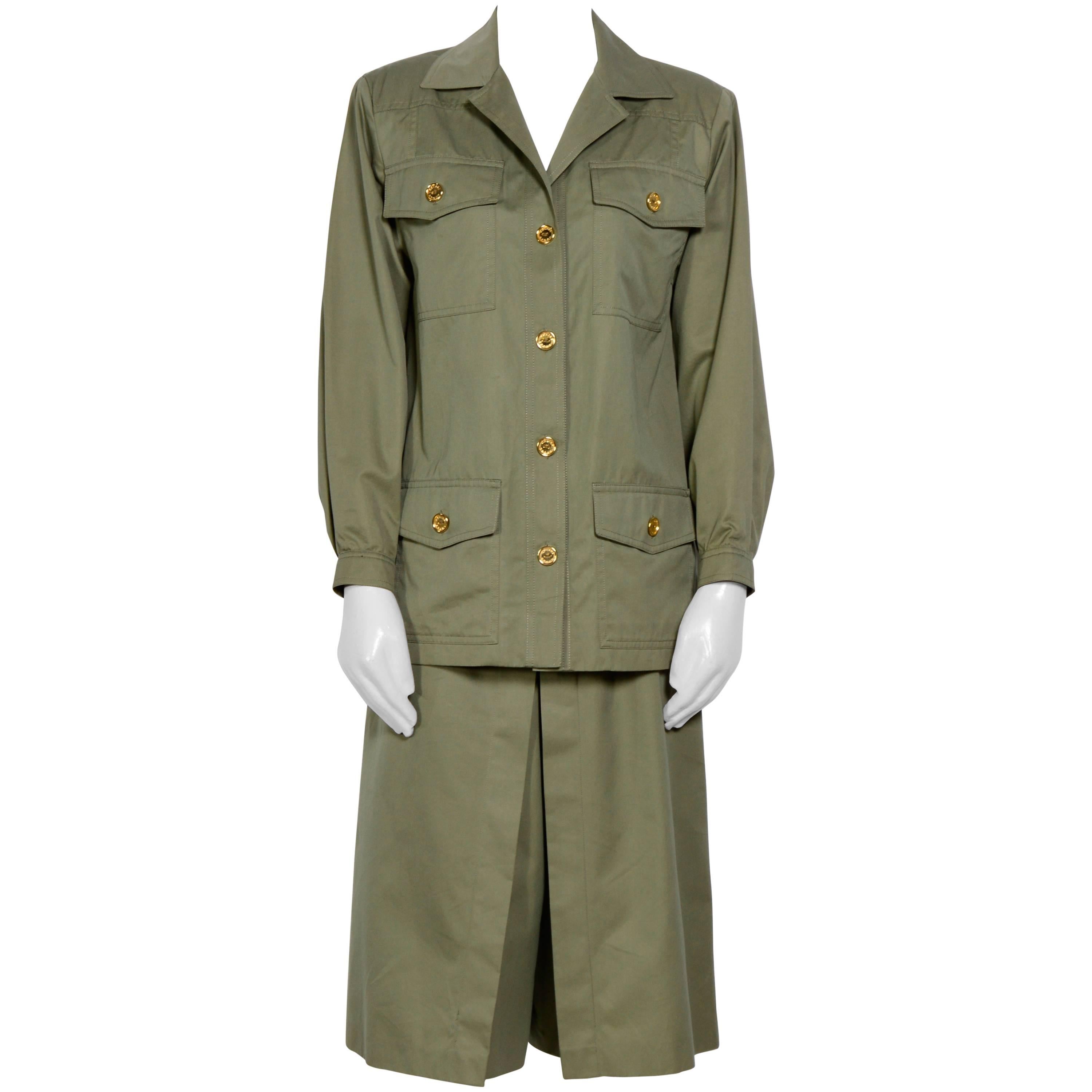 Celine Vintage 70's Khaki Safari Jacket & Jupe Culotte