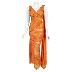 Vintage 1950s Orange Beaded Appliqué Ruched Chiffon Hourglass Old Hollywood Gown