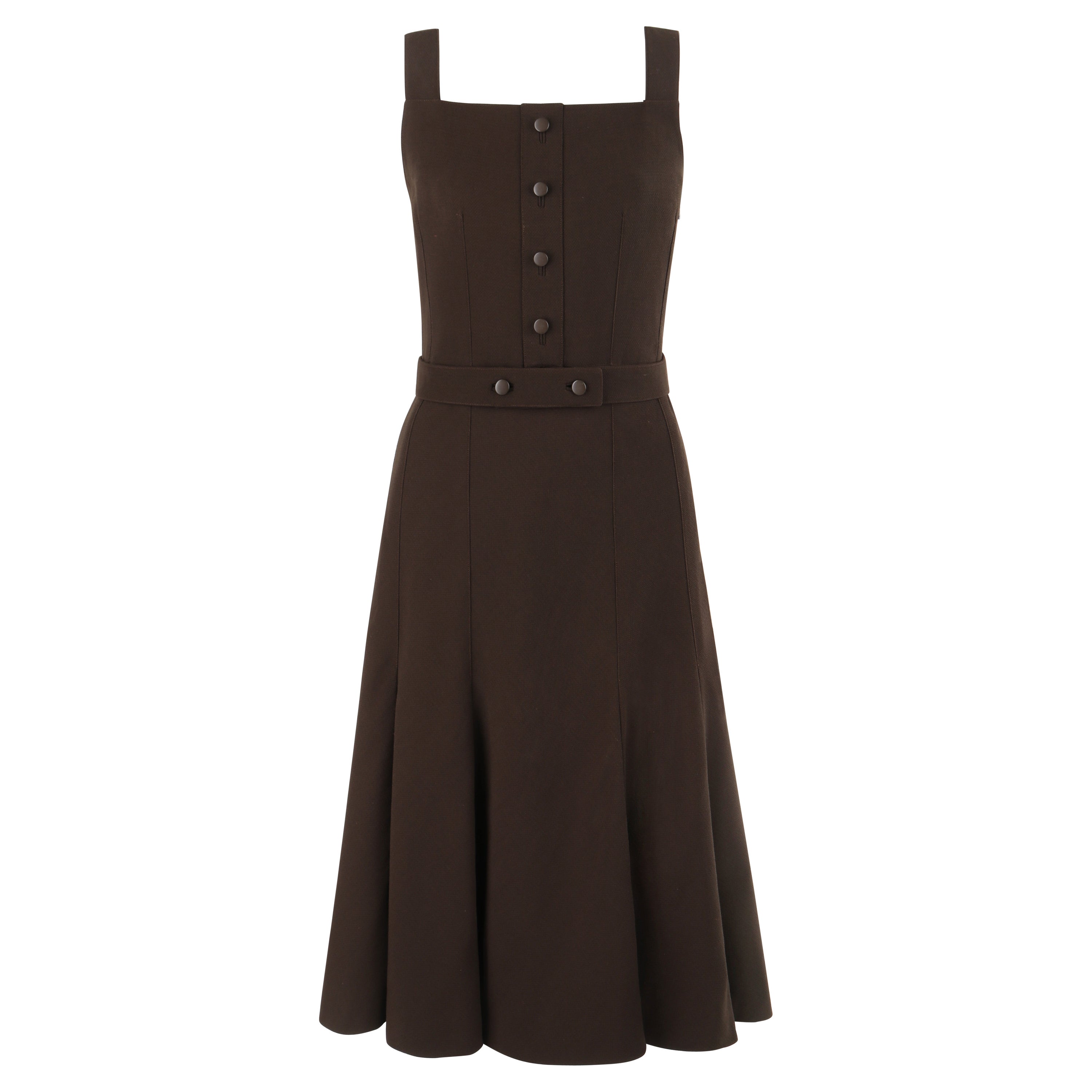 COURREGES ca. 1970er Jahre Hyperbole Braunes ärmelloses Kleid aus Wolle mit Knopfleiste und ausgestelltem Kleid im Angebot