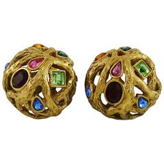 Yves Saint Laurent YSL Vintage Jewelled Domed Clip-On Earrings