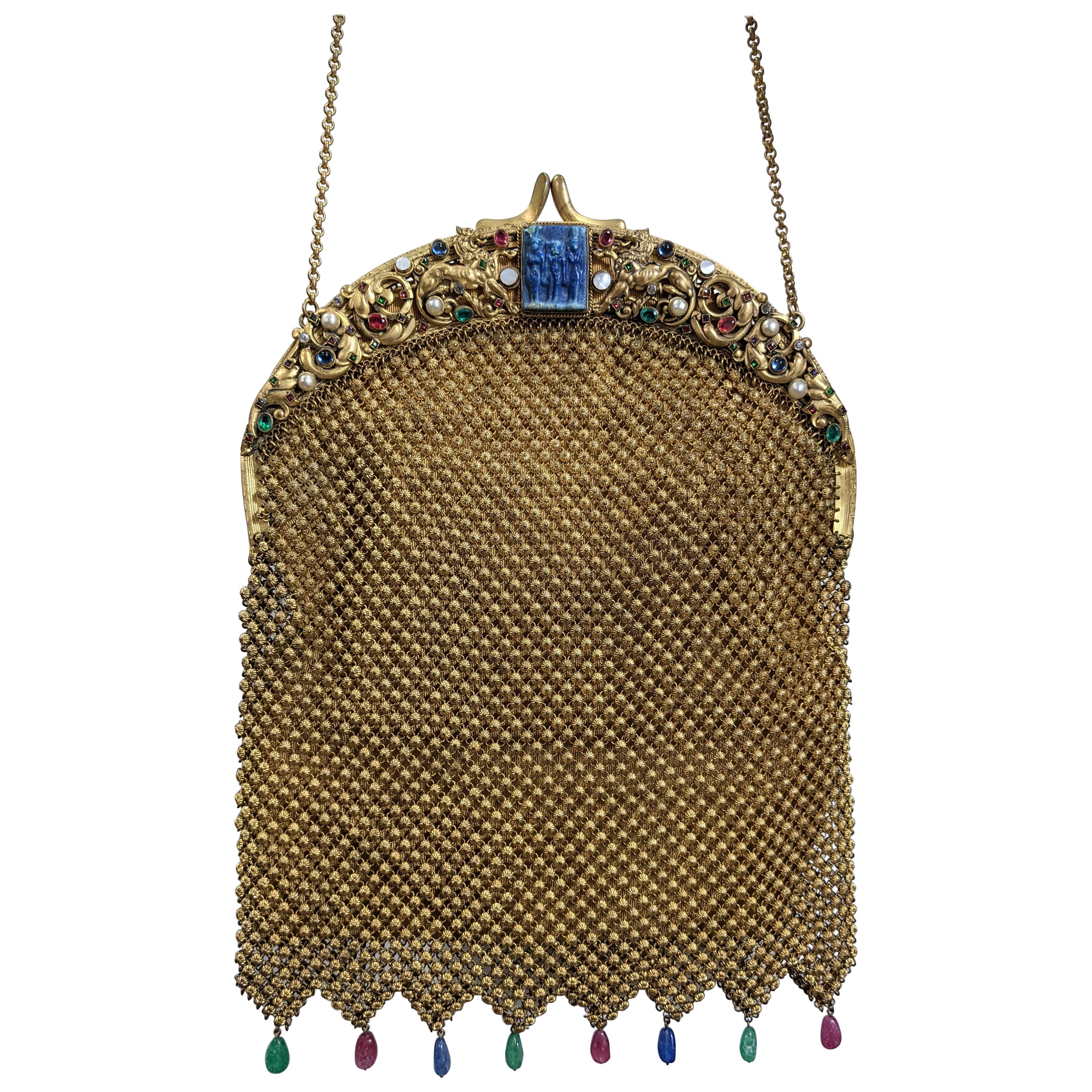 Exceptional 1920's Czech Egyptian Revival Jeweled Mesh Purse