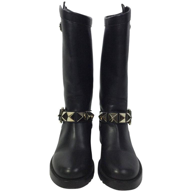 Valentino Black Leather Calf Boots with Silver Studs at 1stDibs