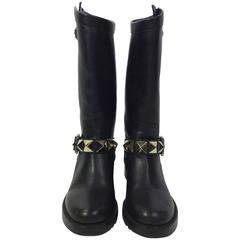 Valentino Black Leather Calf Boots with Silver Studs