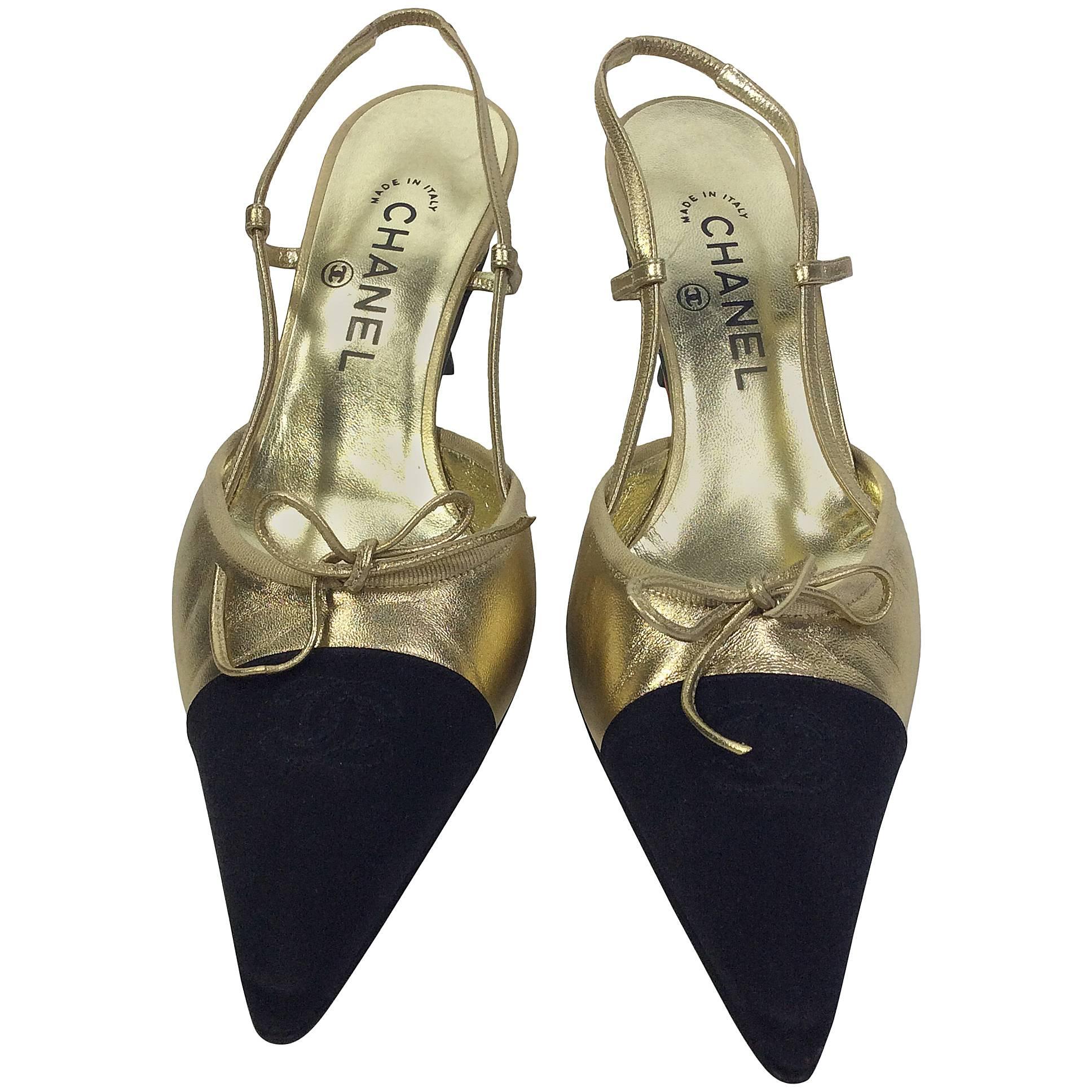 Chanel Gold and Black Slingback with Tie Detail For Sale