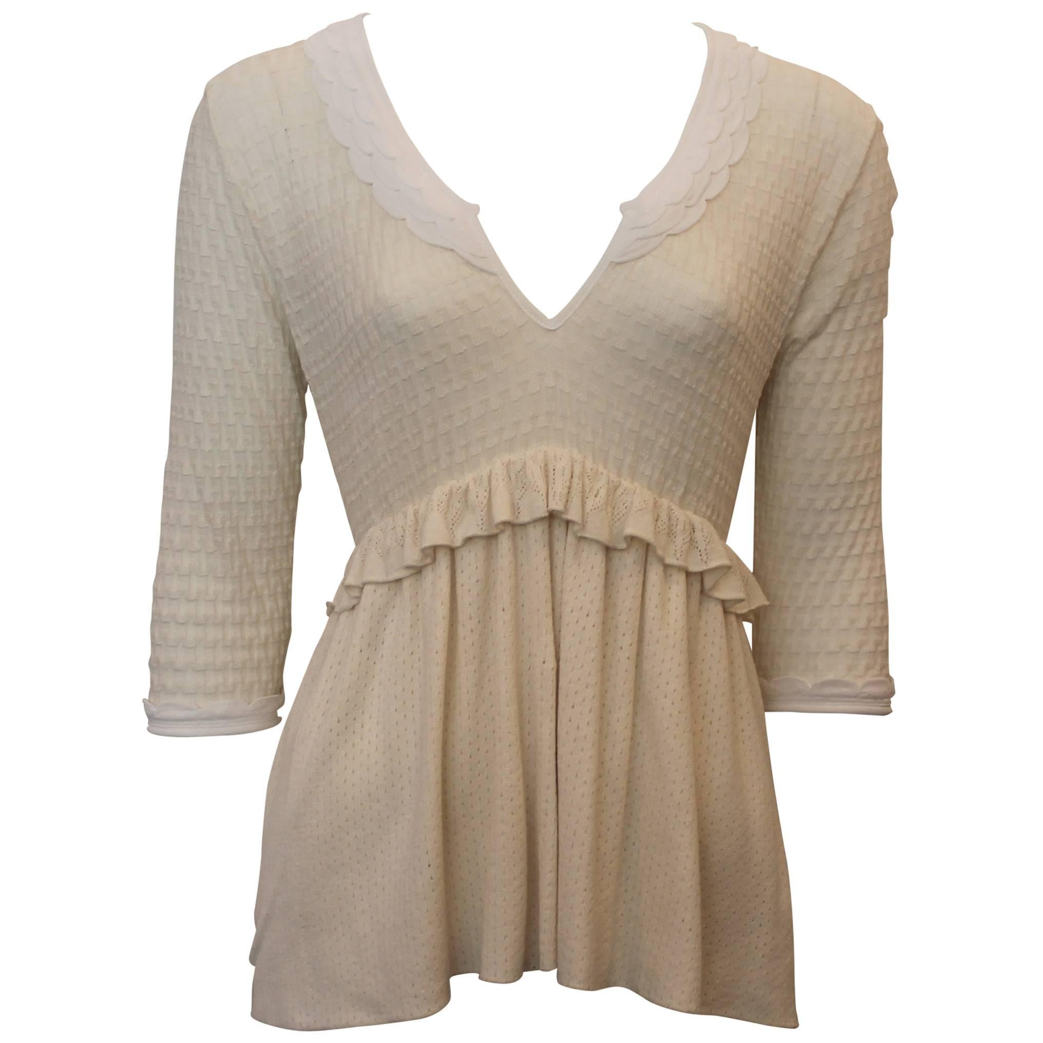 Fendi Ivory & White Knit 3/4 Sleeve Babydoll Top - 44 For Sale