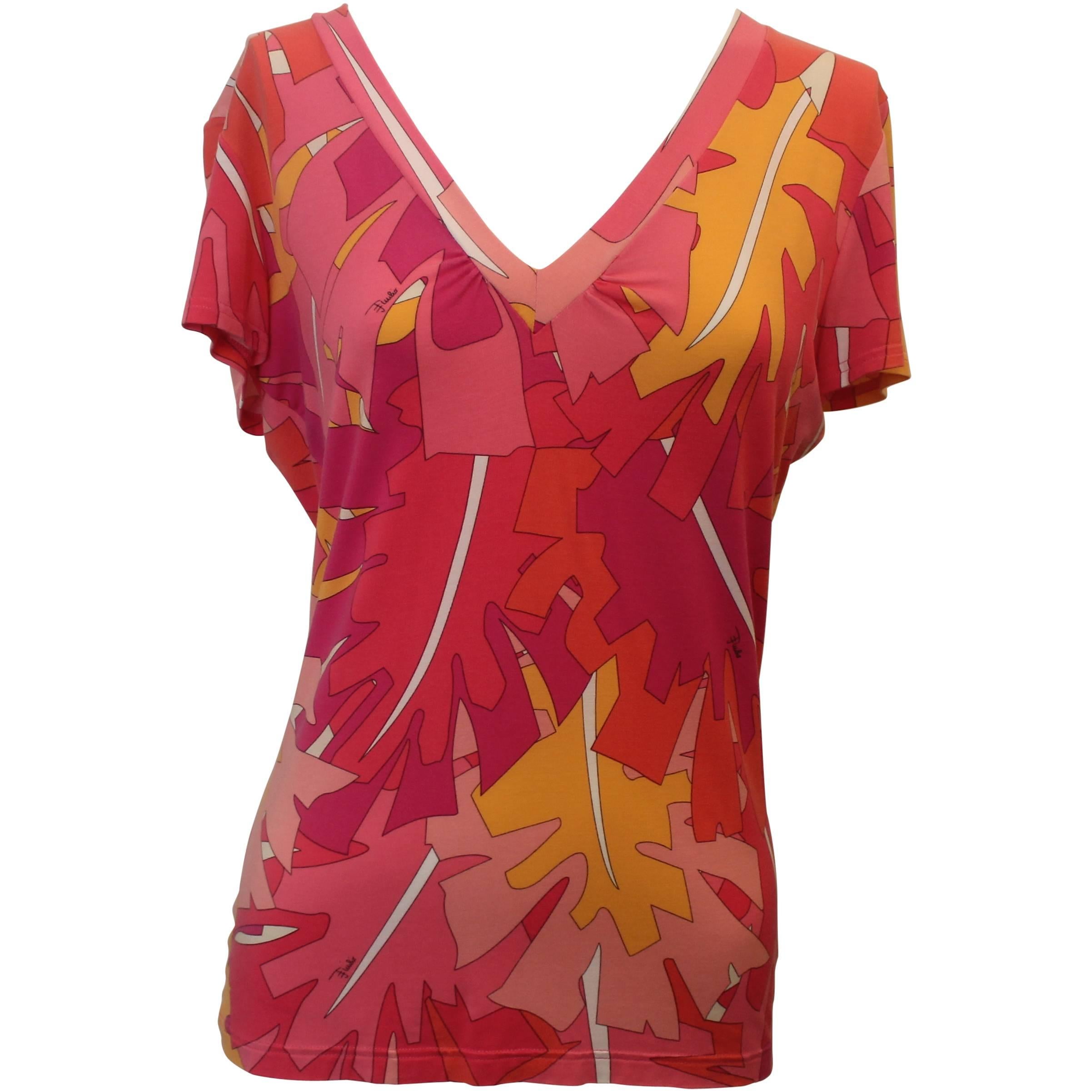 Emilio Pucci Pink and Orange Printed Synthetic Blend Short Sleeve V-Neck Top - L
