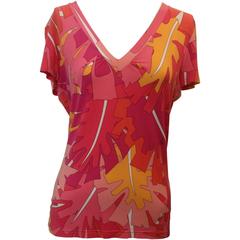 Emilio Pucci Pink and Orange Printed Synthetic Blend Short Sleeve V-Neck Top - L 12
