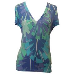 Emilio Pucci Blue and Green Printed Short Sleeve V-Neck Top - L