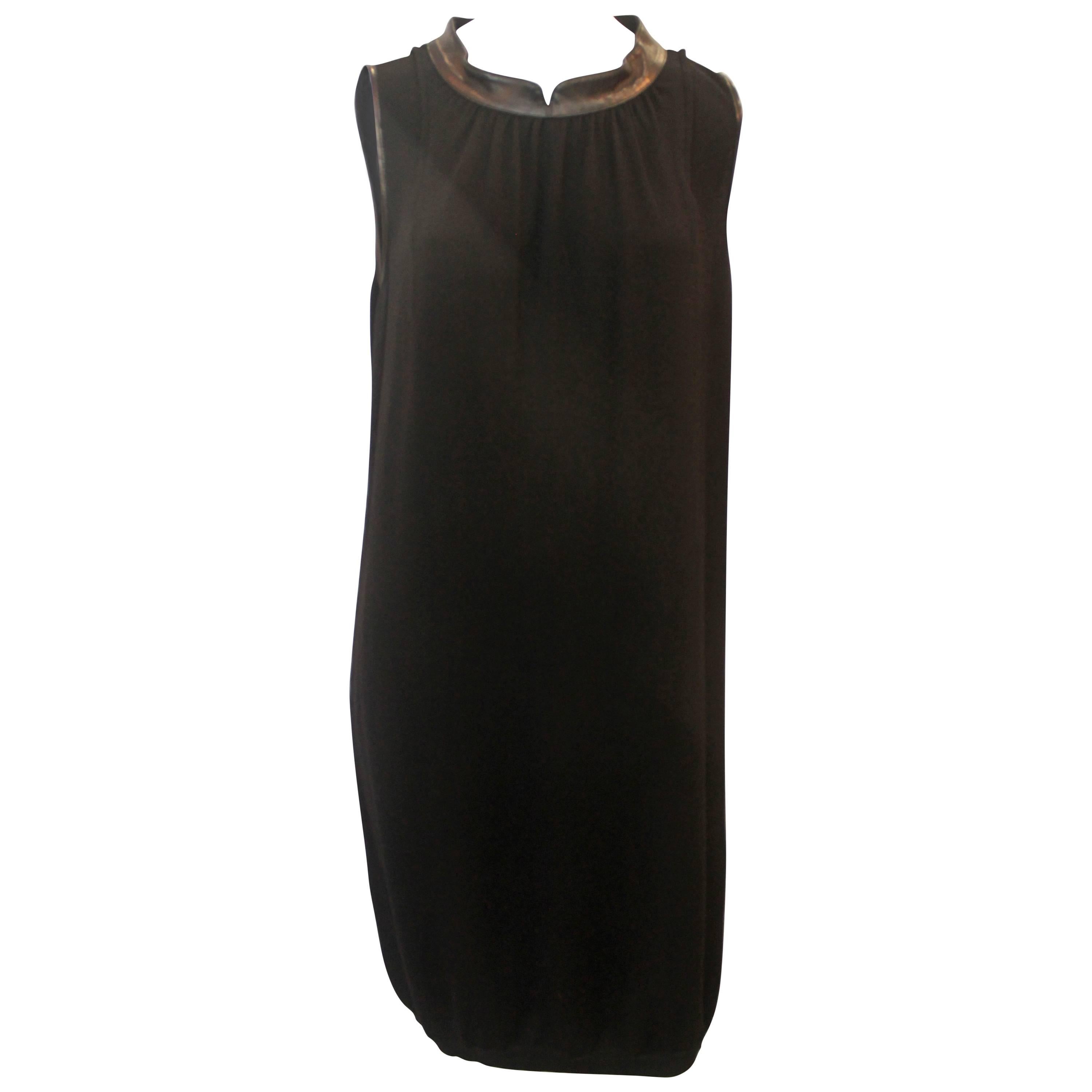 Yves Saint Laurent Black Wool Sleeveless Knit Shift Dress with Leather Collar -M