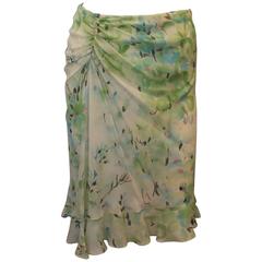 Oscar de la Renta Pastel Greens Silk Chiffon Floral Print Skirt with Ruffle - 6