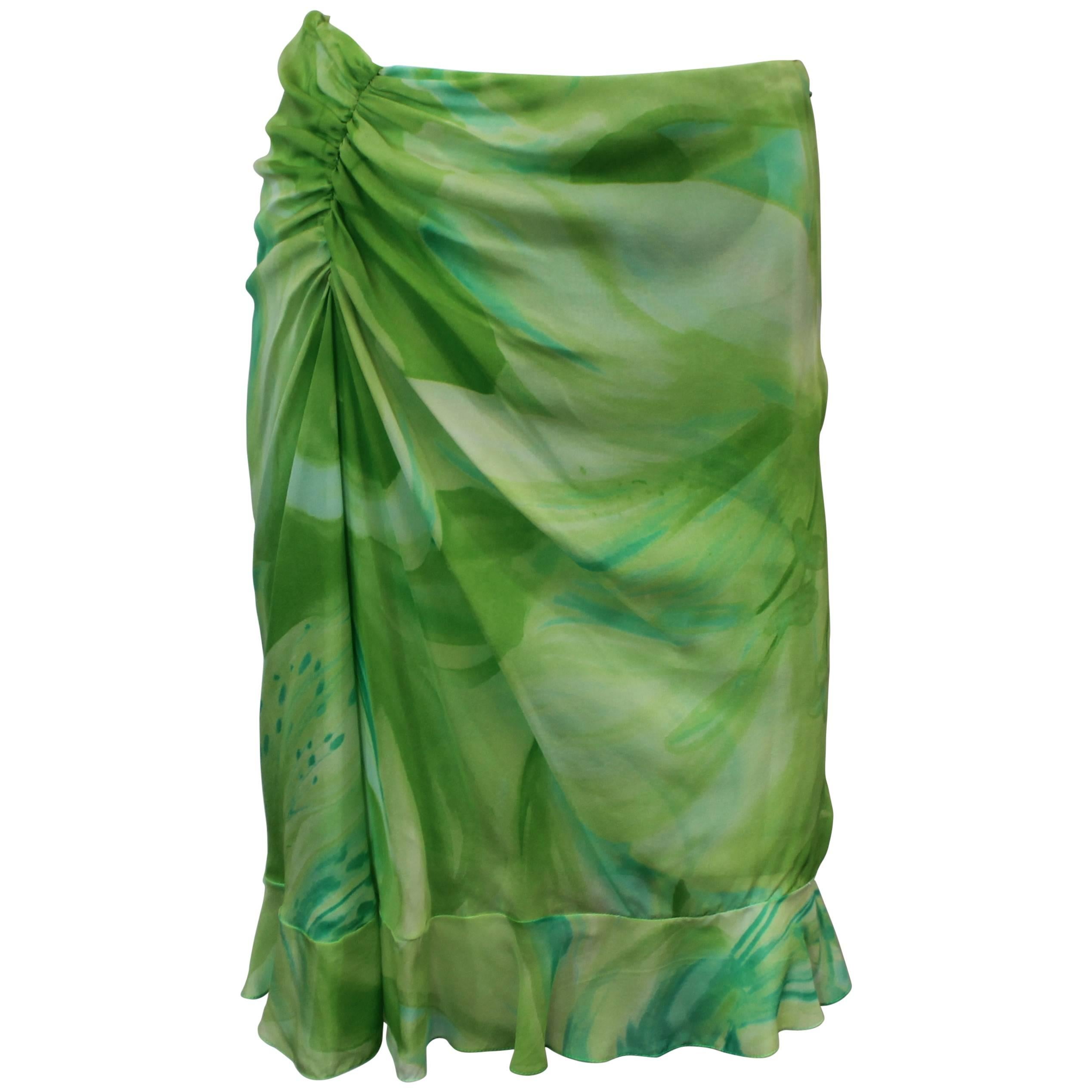 Oscar de la Renta Green Watercolor-Like Floral Printed Silk Chiffon Skirt 