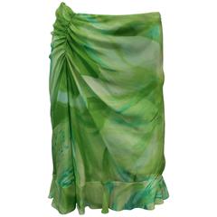 Oscar De La Renta Falda de gasa de seda verde con estampado floral tipo acuarela