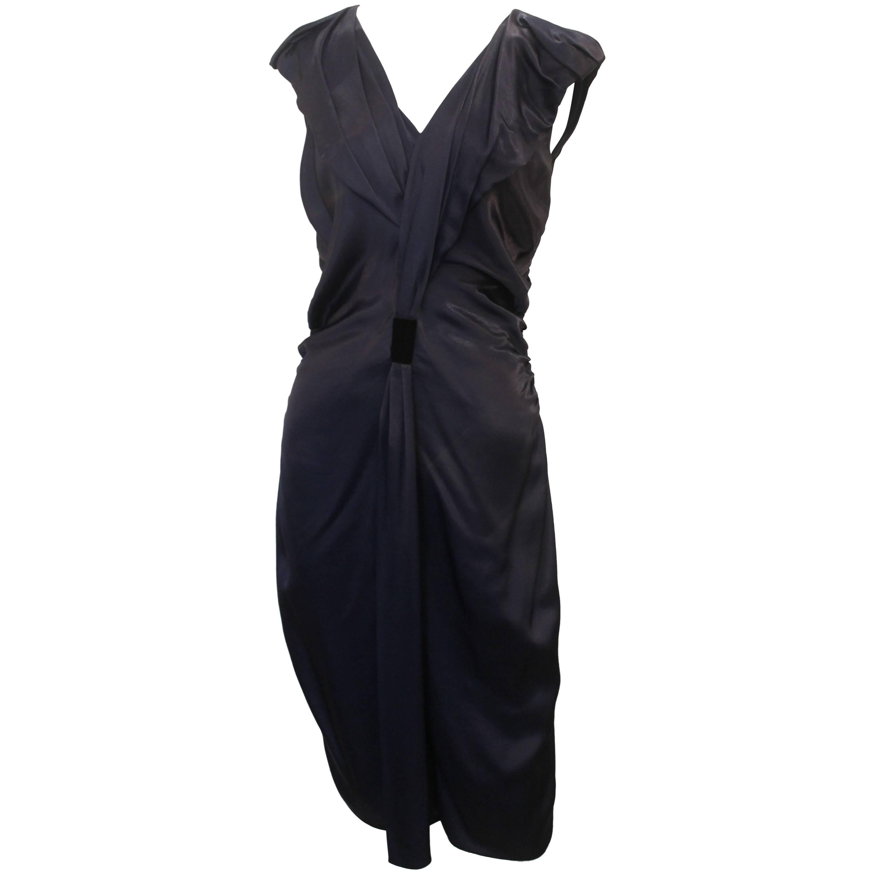 Prada Navy Silk Sleeveless Ruched V-Neck Dress - 40