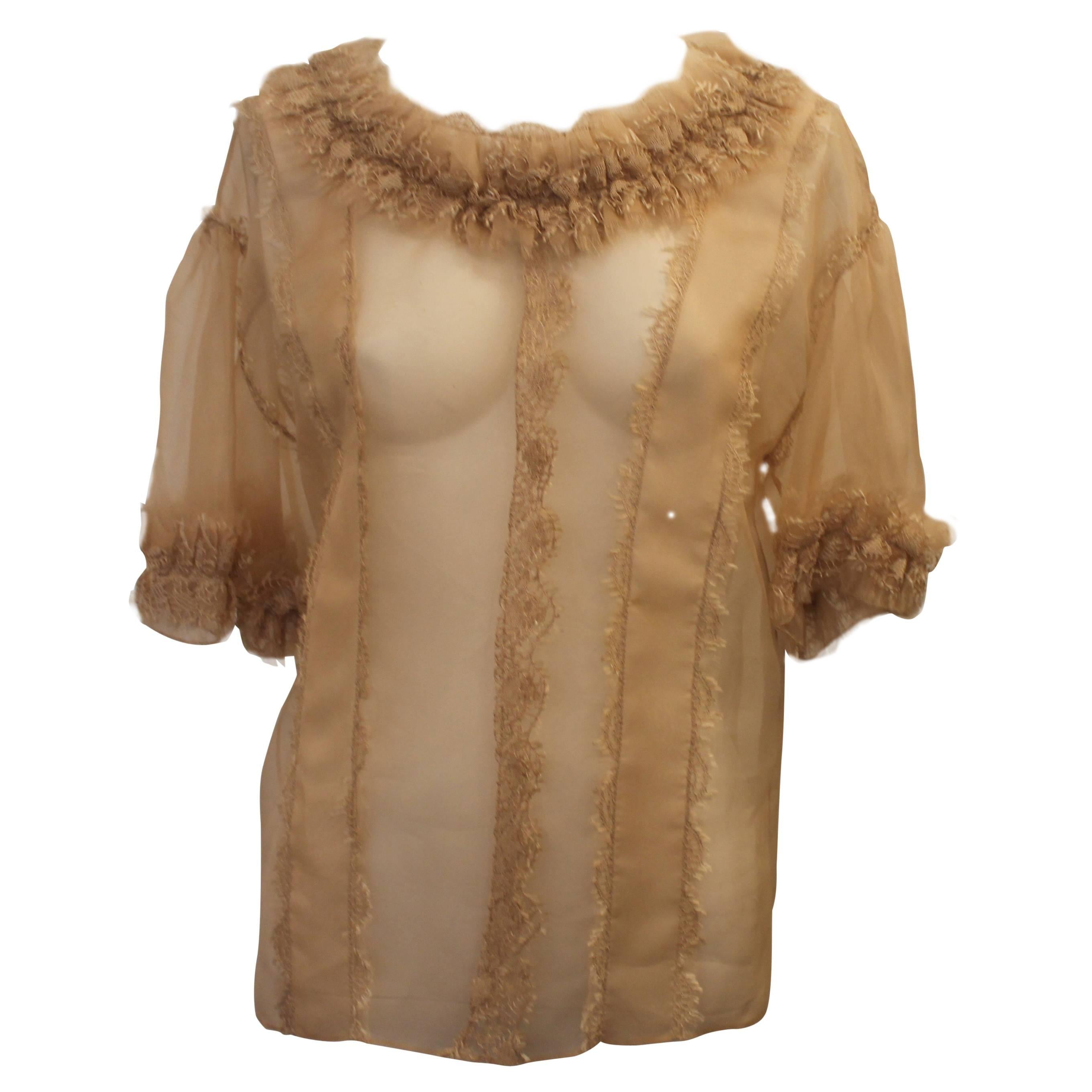 Oscar de la Renta Champagne Silk Chiffon Blouse with Lace - 4 For Sale