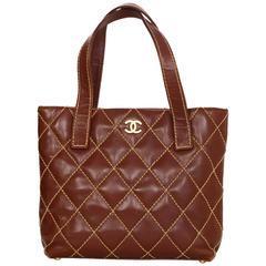 Chanel Brown Quilted Contrast Stitch Leather Surpique Small Tote