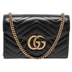 Gucci Black Matelassé Leather GG Marmont Wallet On Chain