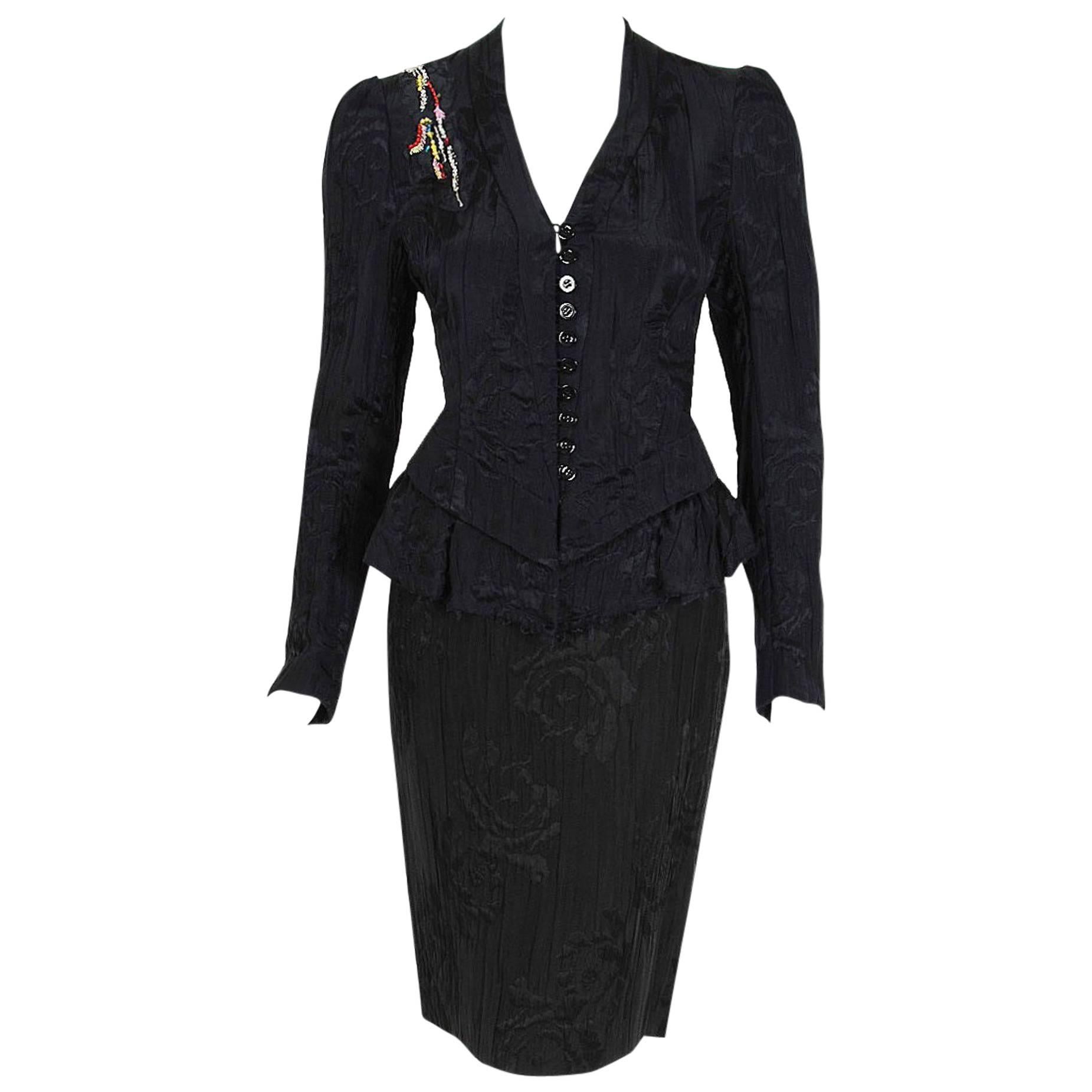 1990's Christian Lacroix Beaded Black Textured-Silk Peplum Hourglass Dress Suit