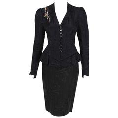 Vintage 1990's Christian Lacroix Beaded Black Textured-Silk Peplum Hourglass Dress Suit