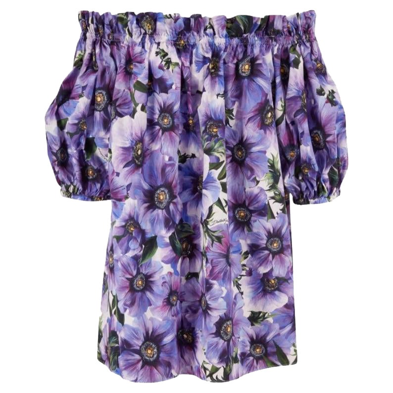 Dolce & Gabbana Purple Cotton Floral Anemone Top Blouse Sleeveless Off Shoulders For Sale