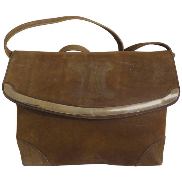 Vintage CELINE genuine suede tanned brown leather shoulder bag, clutch purse. For Sale
