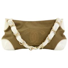 Retro Chanel Brown Cotton x White Leather Pochette Hand Bag