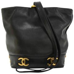 Vintage Chanel Black Leather Shoulder Bucket Bag