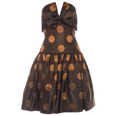 Victor Costa Strapless Black Copper Polka Dot Taffeta Party Dress, Circa 1980's