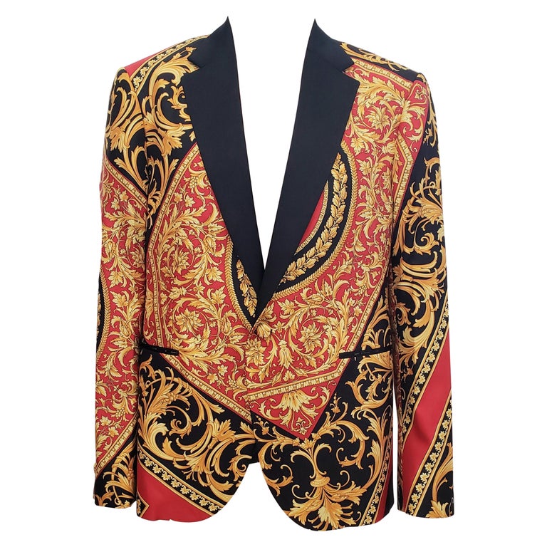 New VERSACE SILK BAROQUE SATINLAPEL BLAZER JACKET in RED For Sale at