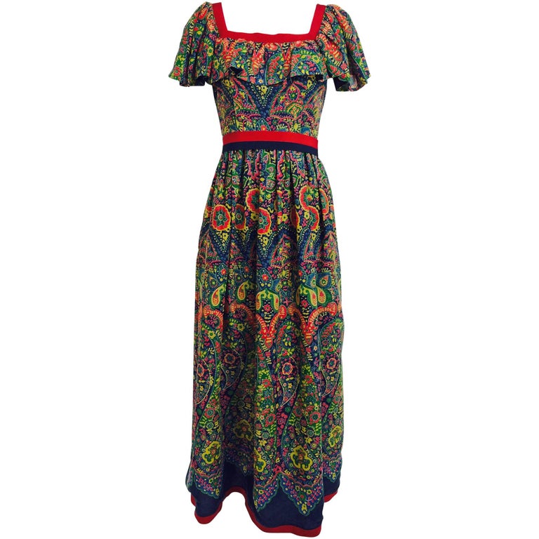 Vintage Mollie Parnis floral gauze ruffle shoulder maxi dress 1960s For ...