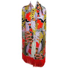 Vintage Doro wide & long 100% silk fringe graphic butterfly scarf 1960s
