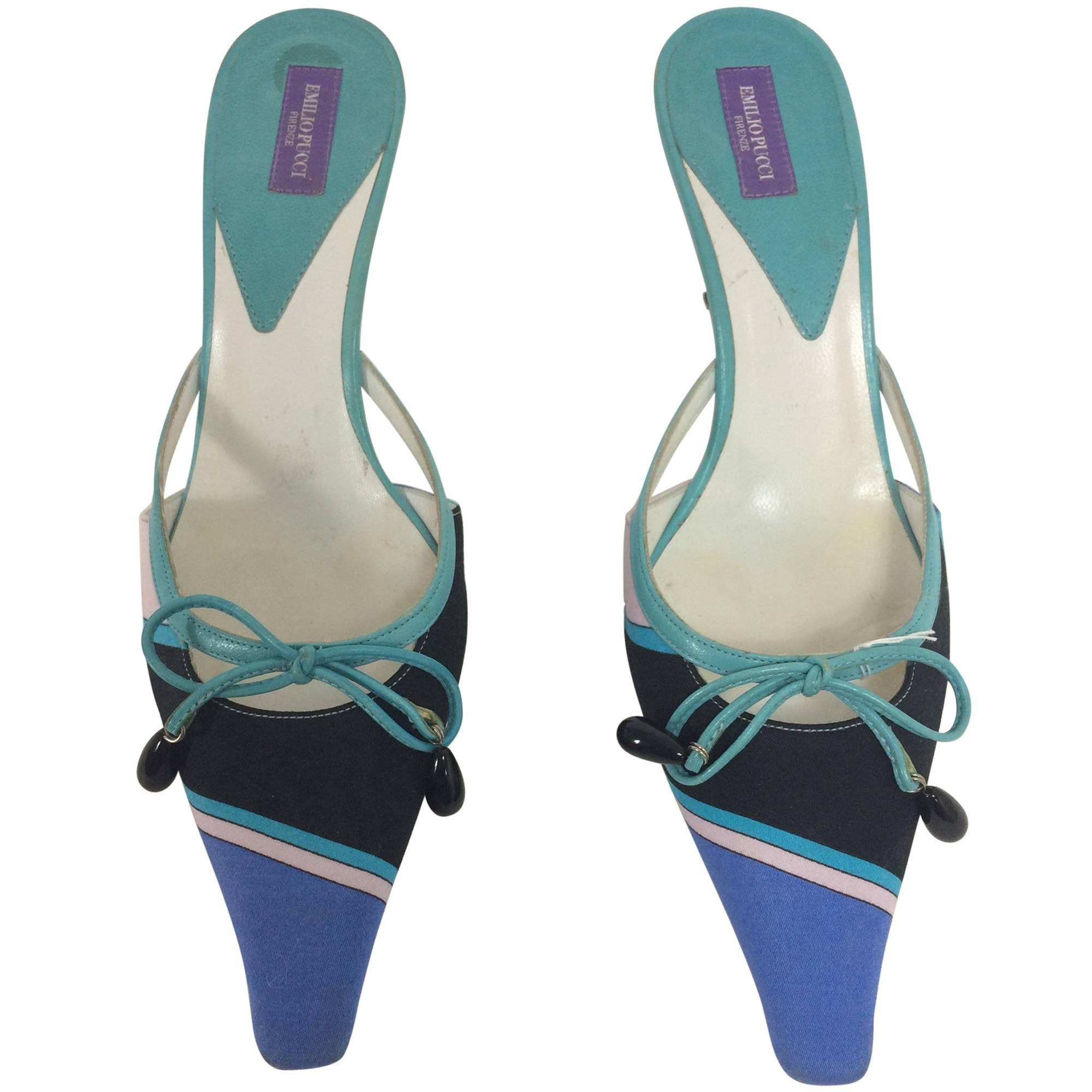 Pucci blue & aqua silk print bow & bead front high heel mules 36 1/2 