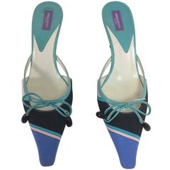 Pucci blue & aqua silk print bow & bead front high heel mules 36 1/2
