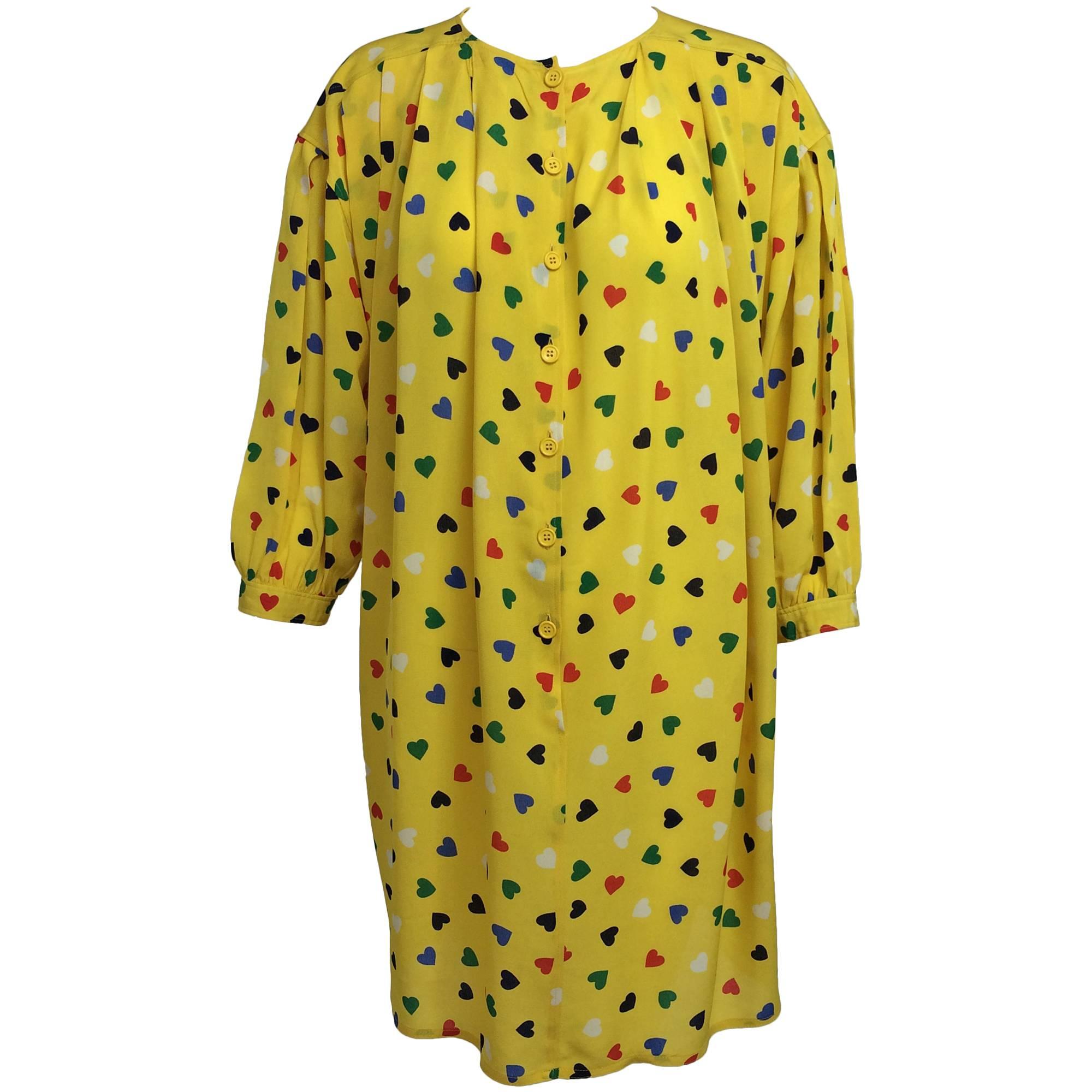 Vintage Ungaro coloured heart print yellow smock dress 1980s