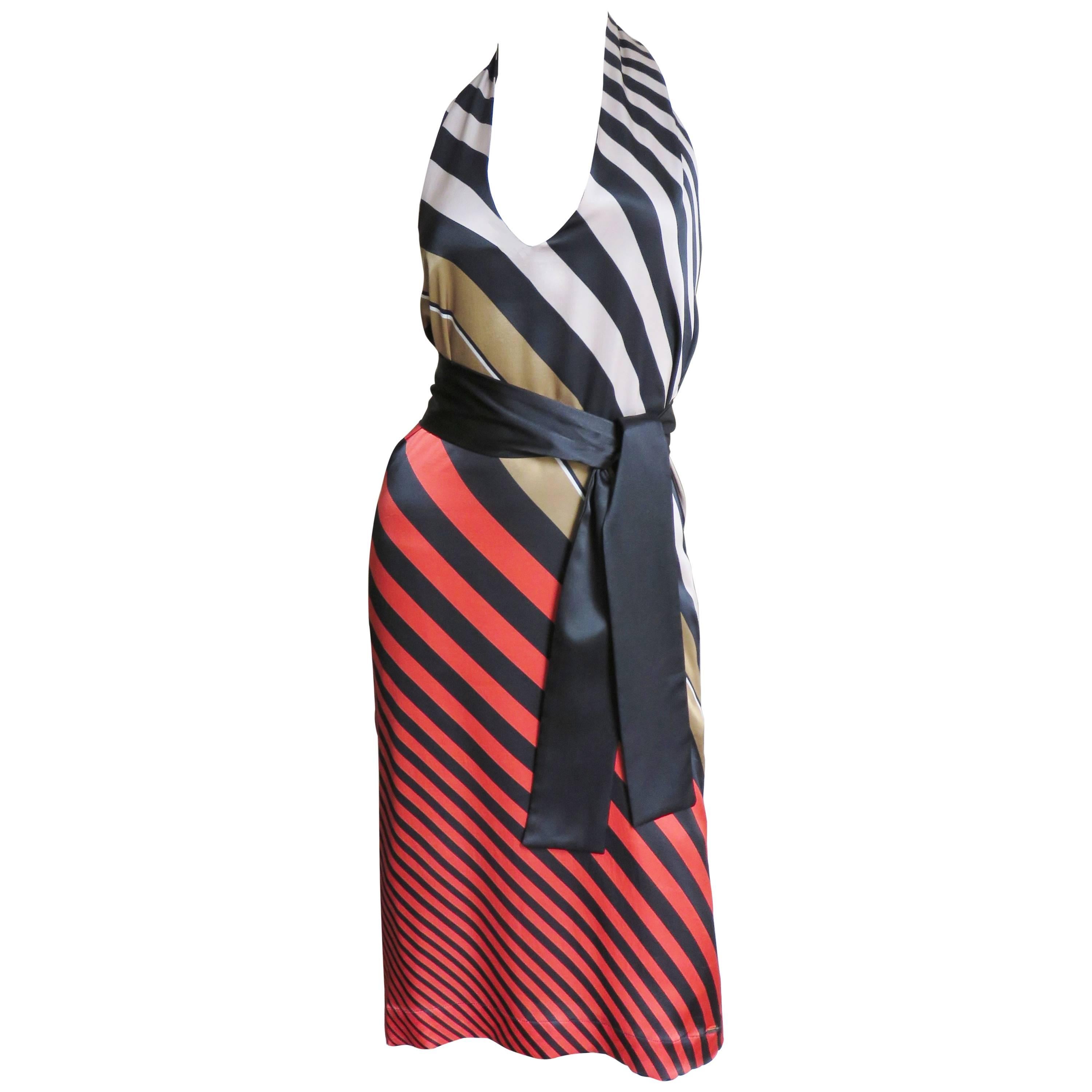 Fendi Striped Silk Plunge Halter Dress